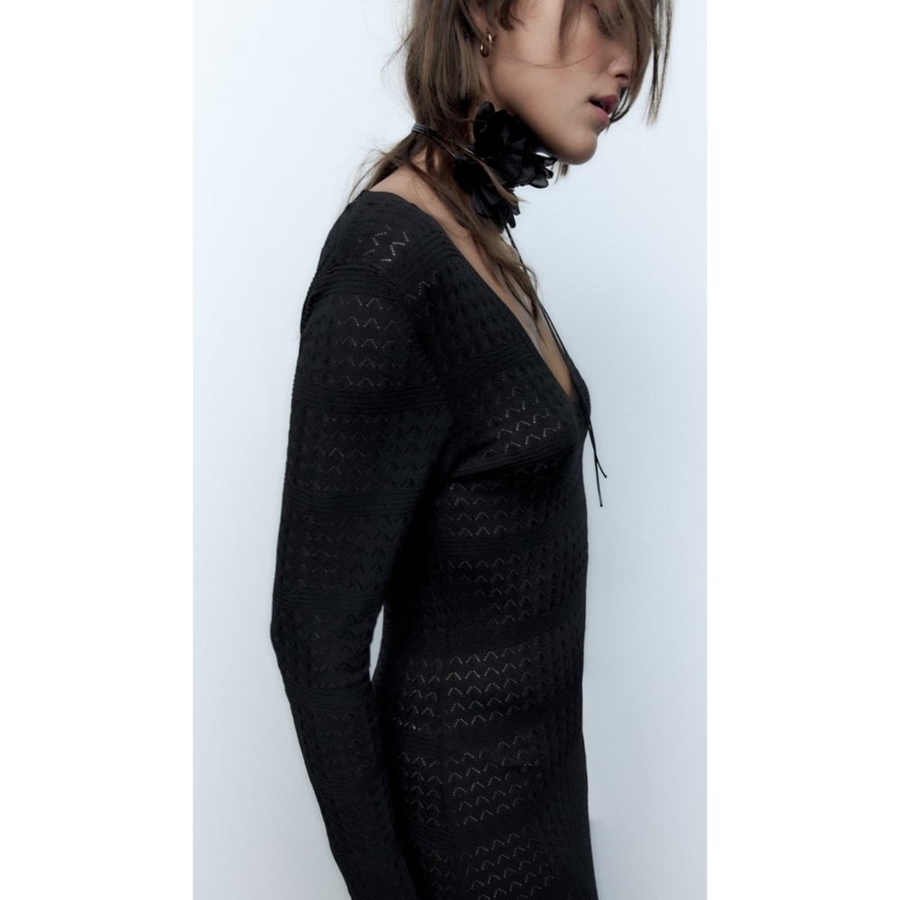 ZARA // ltd ed black pointelle knit plunge long sleeve a-line maxi dress - Picture 13 of 16